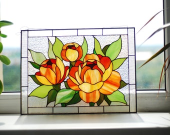 オレンジ色の牡丹のステンドグラスの窓吊り下げ、垂直の窓パネル