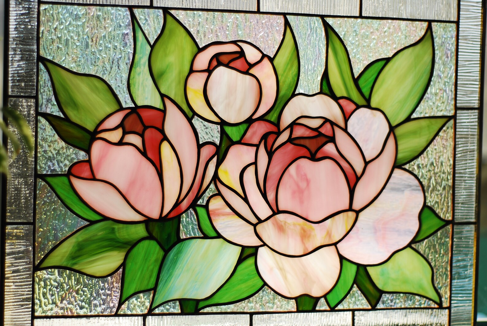 Stained glass panel Peony Stained glass window hanging Pink | Etsy