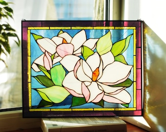 White Magnolia Stained Glass Panel 12.5x15.5 in, Floral Wall Art, Southern Window Hanging