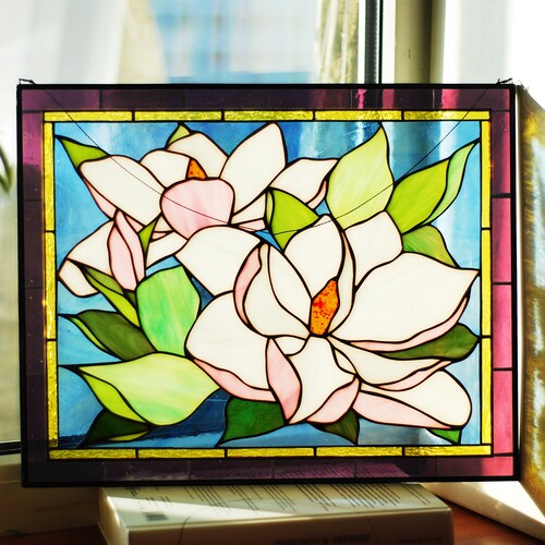 Stained Glass Window Panel Magnolia Flower Stained Glass Etsy