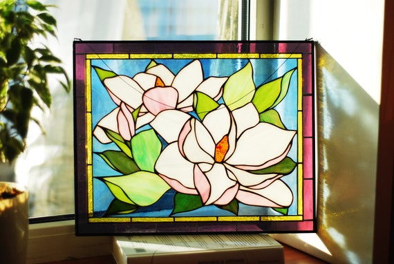 ステンドグラスの窓パネル、マグノリアの花、12.5 × 15.5インチ、窓 