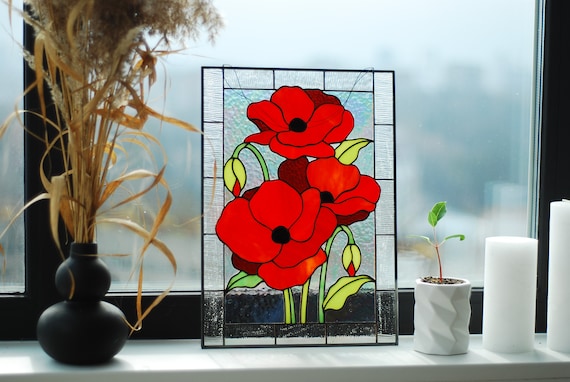 Stained Glass Panel Red Poppies Flowers 15 X 10.6 Inch. Tiffany