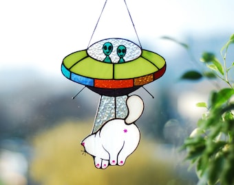 Stained Glass UFO Abducting Cat Suncatcher, Alien Spaceship Window Hanging