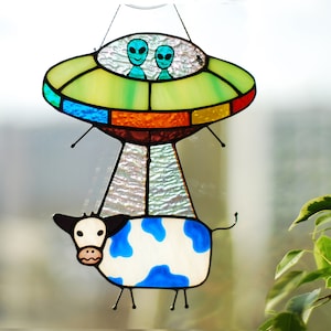 Stained glass UFO Abduction a cow Stained glass window hangings Stained glass suncatchers Stained glass decor Funny gift Form Ukraine image 2