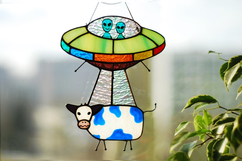 Stained glass UFO Abduction a cow Stained glass window hangings Stained glass suncatchers Stained glass decor Funny gift Form Ukraine image 2