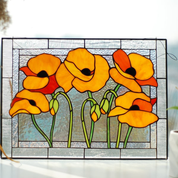 Orange california poppy flowers Stained glass panel Stain glass window hanging Christmas gifts Stained glass suncatcher Custom stain glass