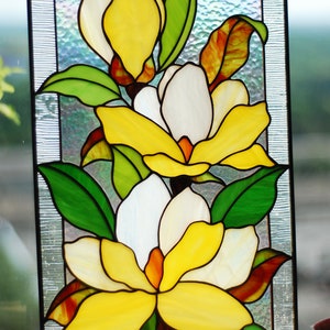 Yellow magnolia stained glass panel Mothers day gifts Custom stained glass panel Yellow flowers window hangings Stained glass suncatchers image 6