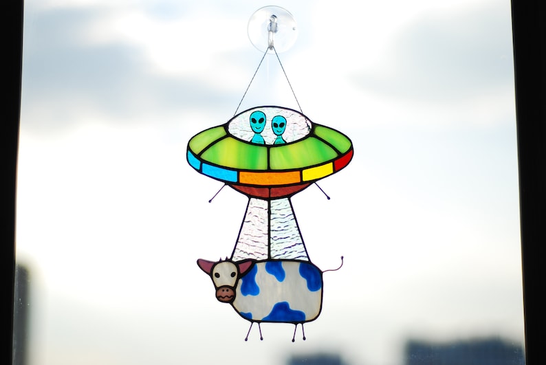Stained glass UFO Abduction a cow Stained glass window hangings Stained glass suncatchers Stained glass decor Funny gift Form Ukraine image 3