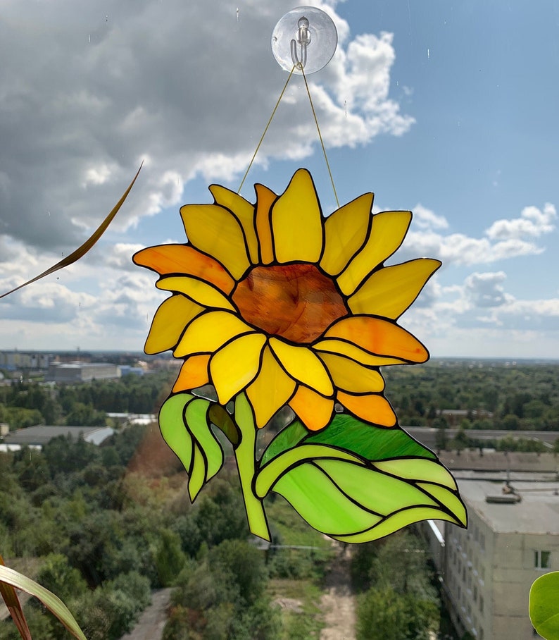 Stained Glass Suncatchers Sunfower Stained Glass Stained Etsy