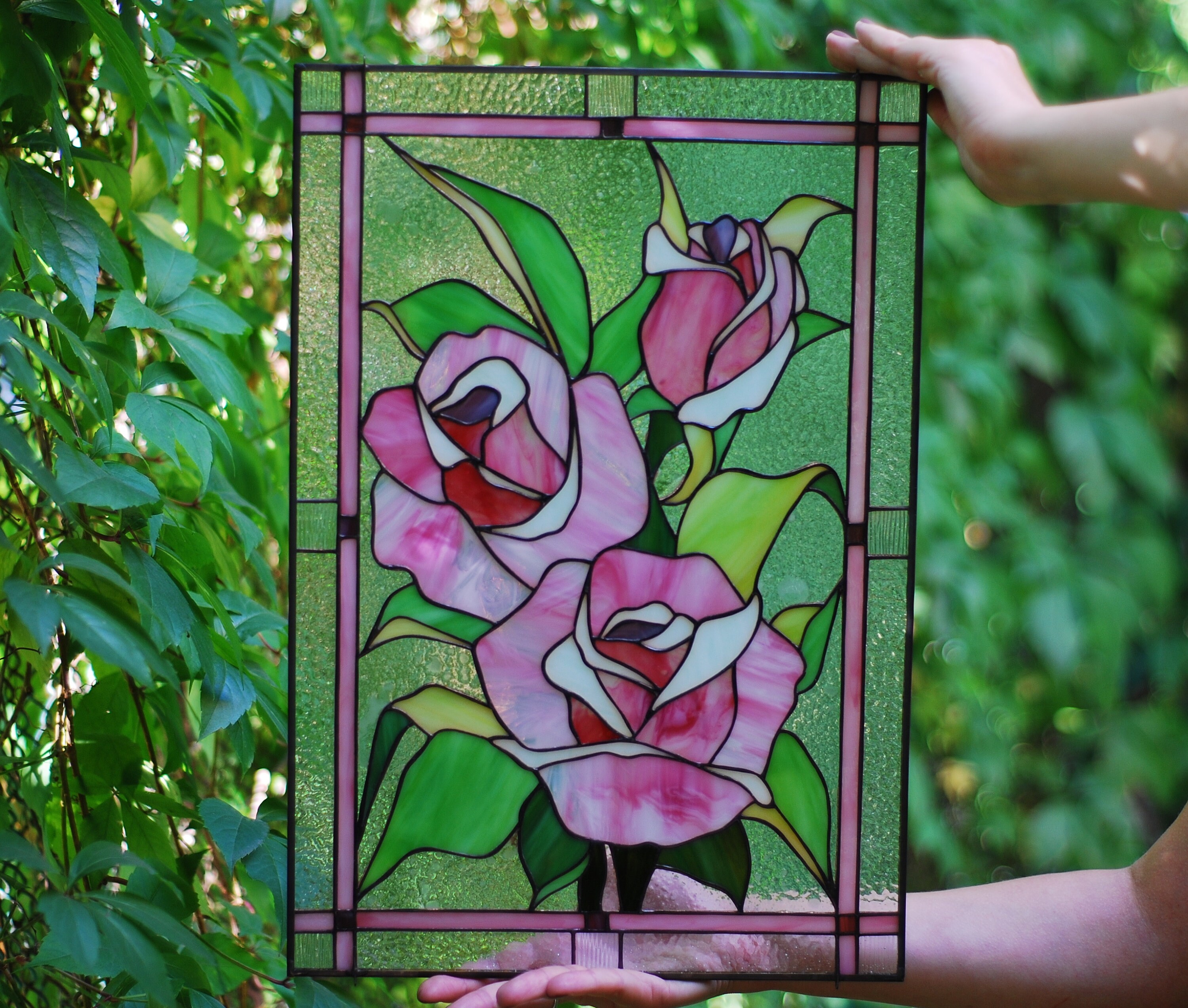 Stained Glass Panel 15 x 11 Pink roses Etsy