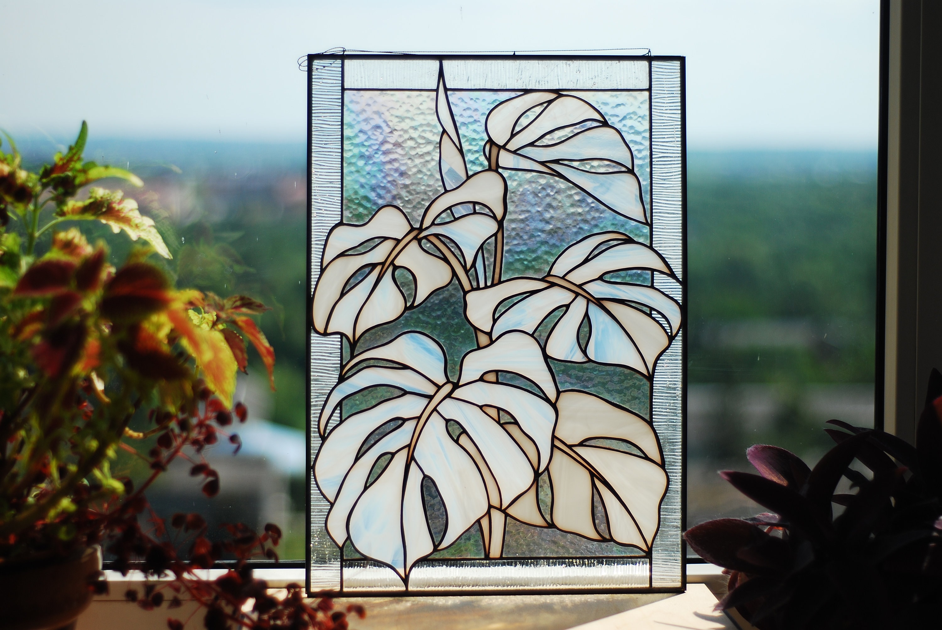 Monstera Albo Stained Glass Panel 16x12 In, Handmade Plant Lover