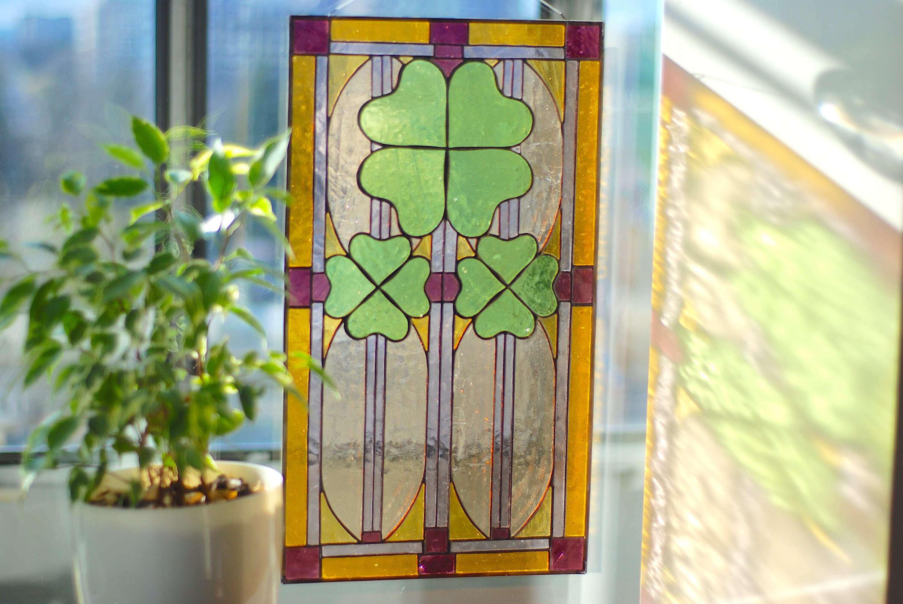Stained Glass Panel Fourleaf Clover Stained Glass Suncatchers Etsy