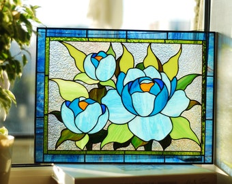 Blue Peony Stained Glass Panel 11.5x15.5 In, Teal Floral Wall Art
