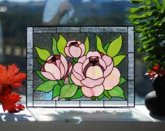 Pink Peony Stained Glass Panel: Handmade Window Hanging