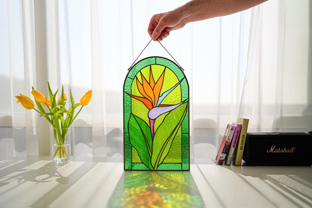 Bird of Paradise Stained Glass Panel, Tropical Floral Suncatcher ...