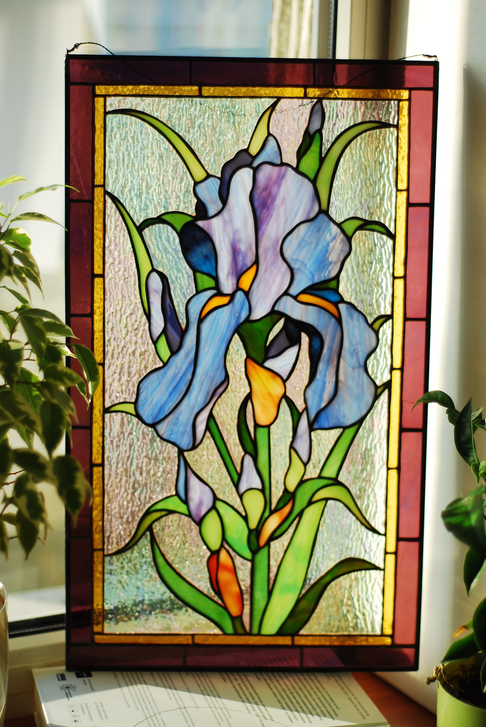 Purple Iris Stained Glass Window Panel Stained Glass Window Etsy