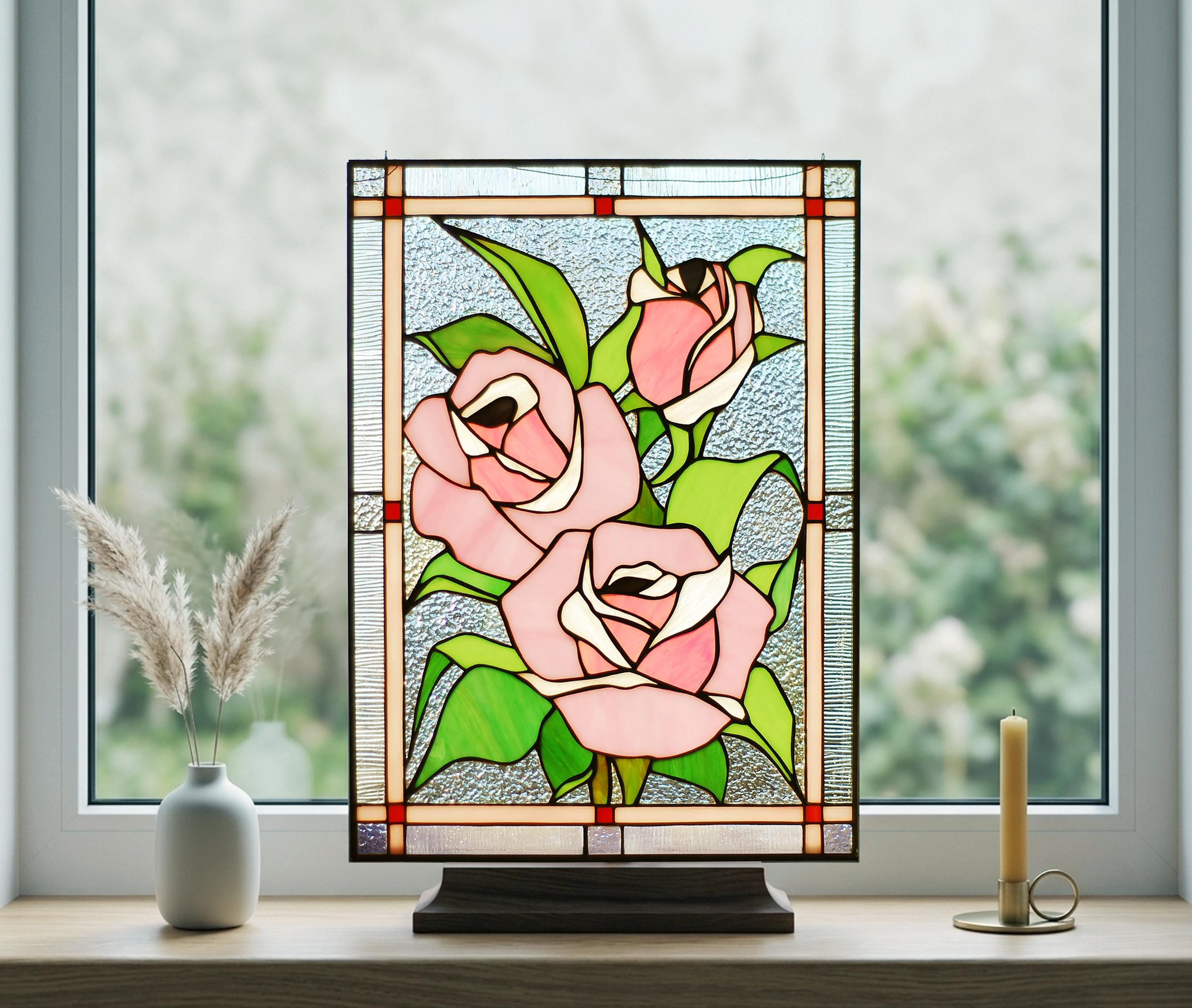 Pink Roses Stained Glass Panel 15.5x11 In, Unique Floral Window