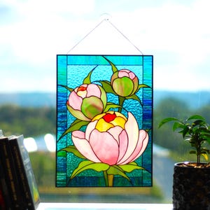 Pink Peonies Stained Glass Panel: Handmade Window Hanging (11.5&quot;x15.5&quot;)