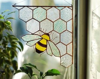 Stained glass honeycomb Clear corner honeycomb Bee Suncatcher Stained glass panel Custom stained glass Stained glass window hanging