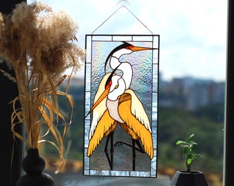 Stained glass heron Stained glass panel Stain glass suncatchers Stain glass bird Stained glass window hangings Large stain glass Ukraine art