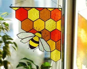 Stained glass honeycomb Yellow corner honeycomb Bee Suncatcher Stained glass panel Custom stained glass Stained glass window hanging