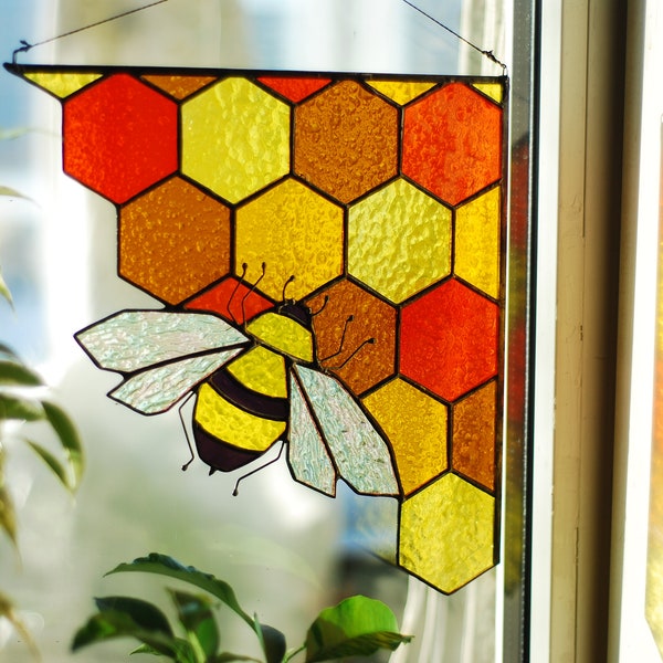 Stained glass honeycomb Yellow corner honeycomb Bee Suncatcher Stained glass panel Custom stained glass Stained glass window hanging