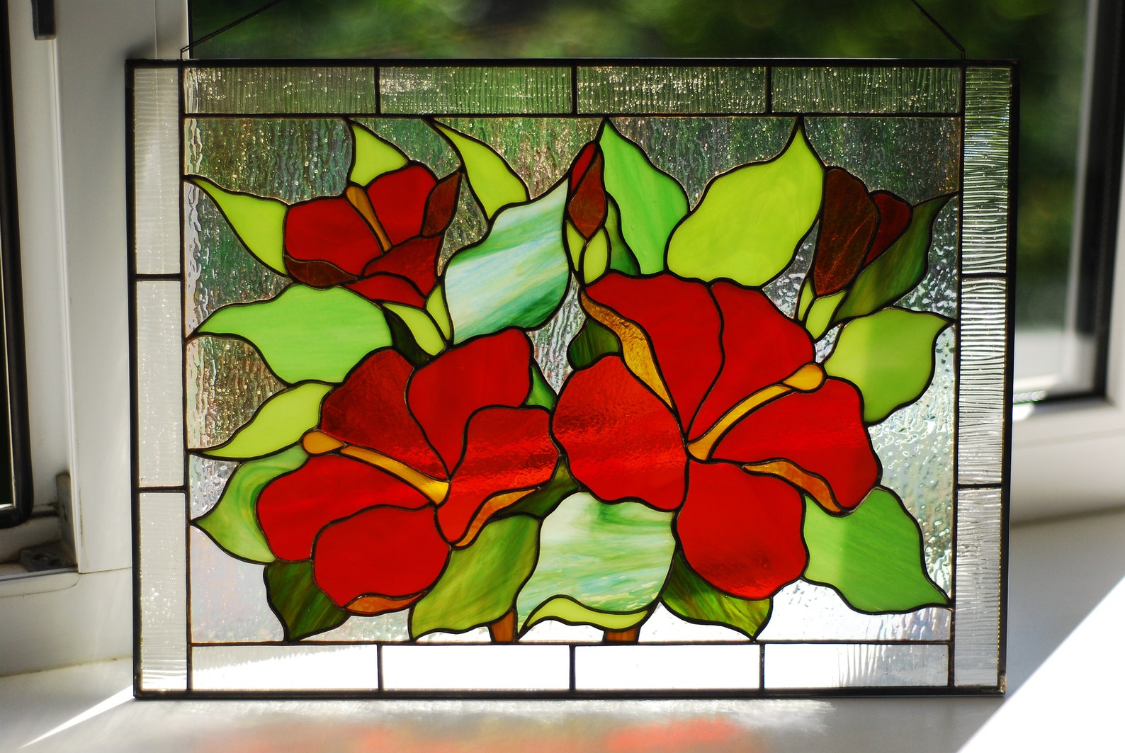 Stained glass panel Hibiscus Stained glass window hanging Red Etsy