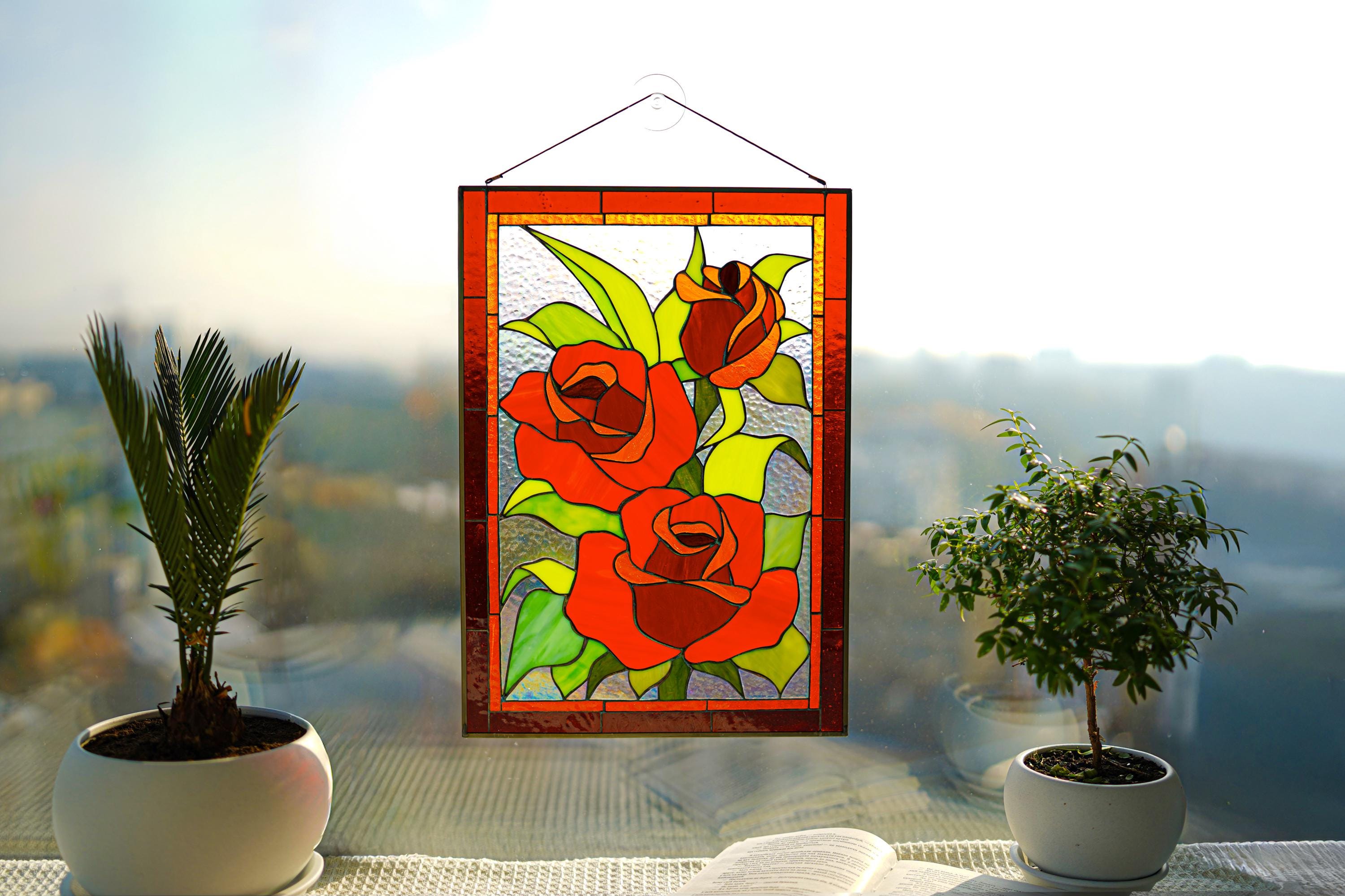Stained Glass Panel Red Rose 11.5 × 15.5 Inch, Window Hanging