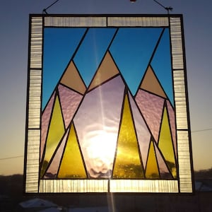 Stained glass panel Christmas gift Stain glass Suncatchers Mountain stain glass Custom Stained glass window hanging Geometric stain glass