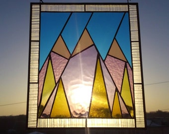 Stained glass panel Christmas gift Stain glass Suncatchers Mountain stain glass Custom Stained glass window hanging Geometric stain glass