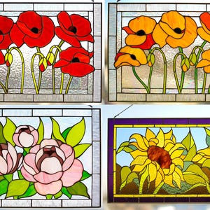 May include: Four stained glass panels featuring floral designs. The top left panel shows red poppies, the top right panel has orange poppies, the bottom left panel displays pink peonies, and the bottom right panel features a yellow sunflower.