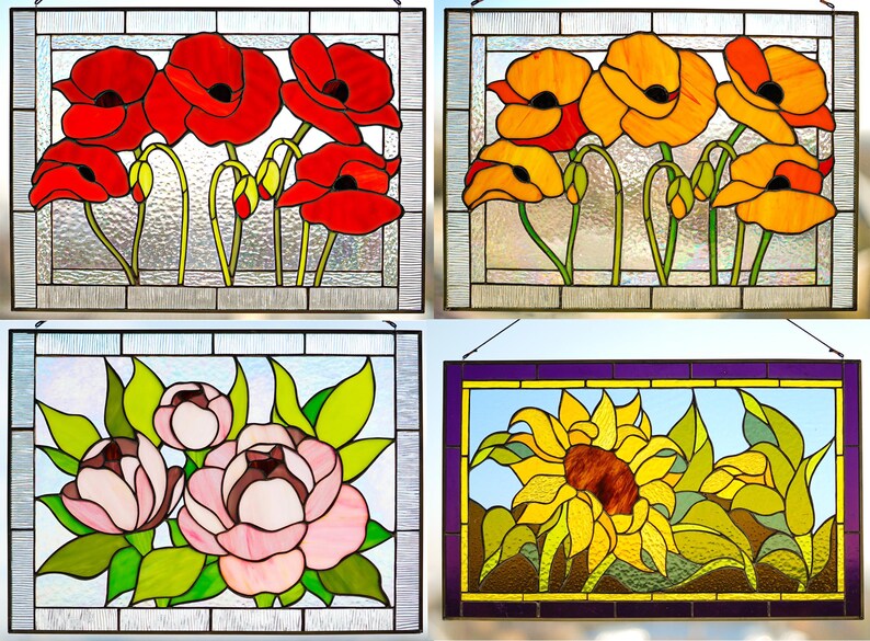May include: Four stained glass panels featuring floral designs. The top left panel shows red poppies, the top right panel has orange poppies, the bottom left panel displays pink peonies, and the bottom right panel features a yellow sunflower.