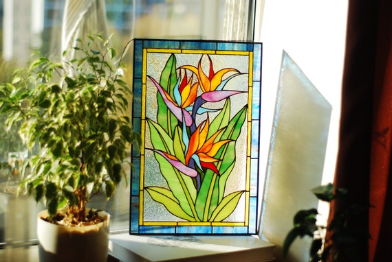 Stained Glass Bird of Paradise, Handmade Window Hanging 11