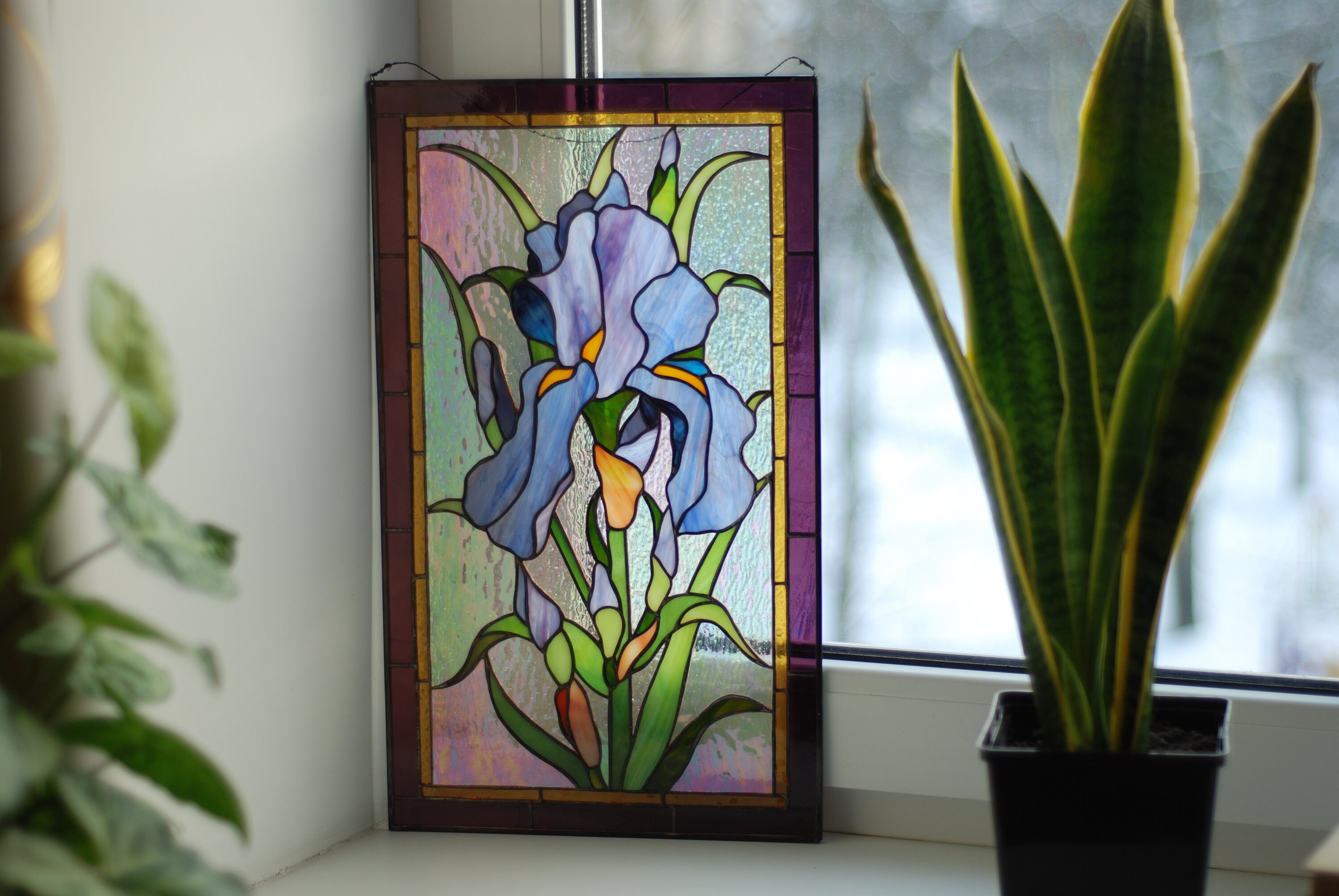 Purple iris Stained glass window panel Stained glass window Etsy