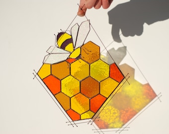 Stained glass honeycomb Yellow honeycomb Bee Suncatcher Stained glass panel Honey Custom stained glass Stained glass Window hanging Decor