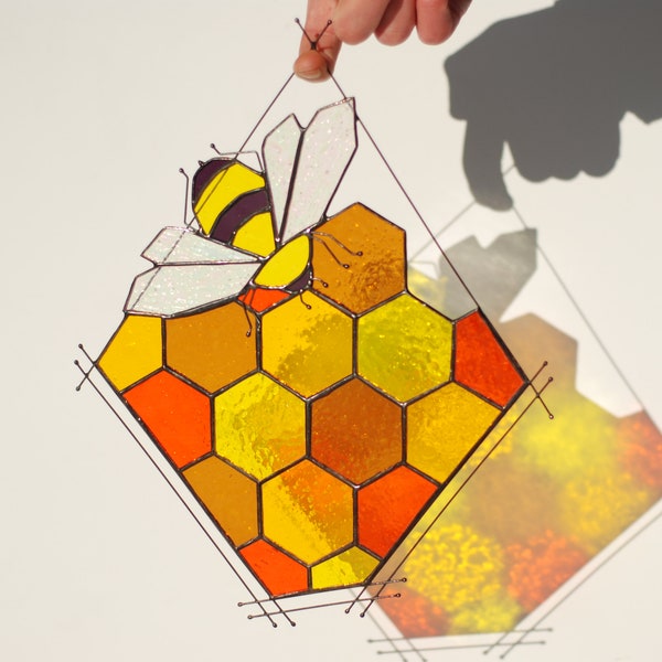 Stained glass honeycomb Yellow honeycomb Bee Suncatcher Stained glass panel Honey Custom stained glass Stained glass Window hanging Decor