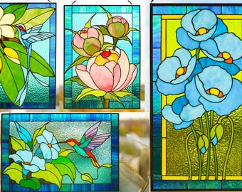 Stained Glass Magnolia Panel 15.5 x12.5 inch. Floral Window