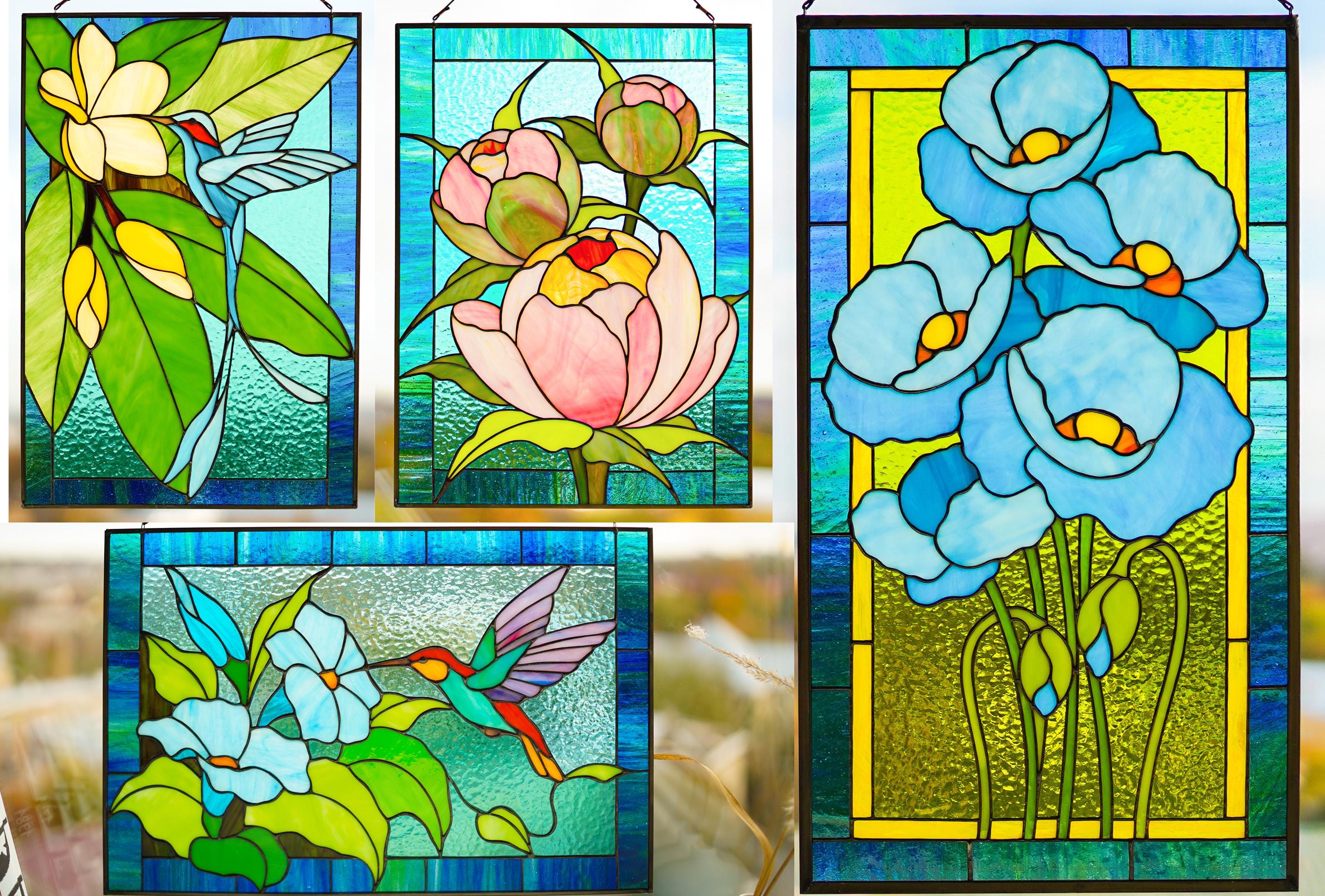 Stained Glass Magnolia Panel 15.5 x12.5 inch. Floral Window
