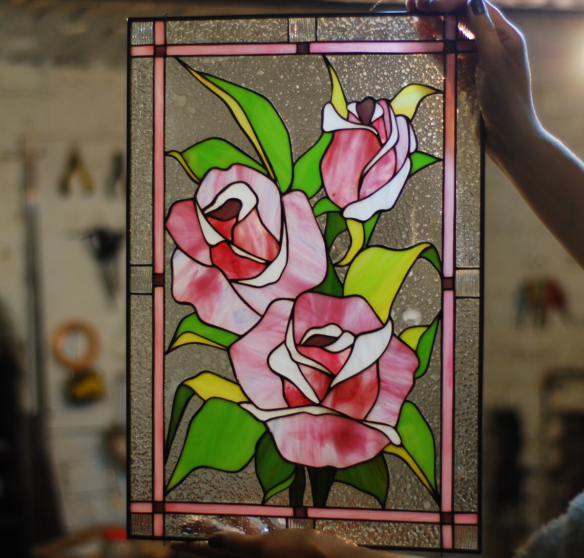 Stained glass pink rose Stained glass panel Stained glass Etsy