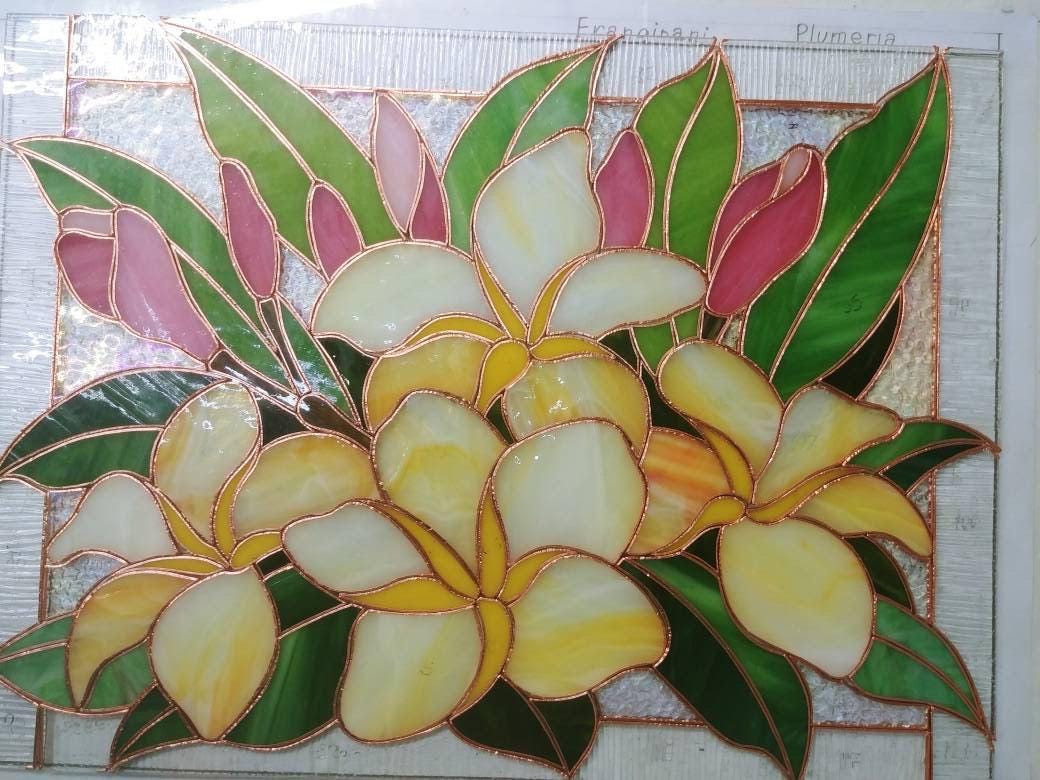 Plumeria Stained Glass Panel: Frangipani Suncatcher, 11.5