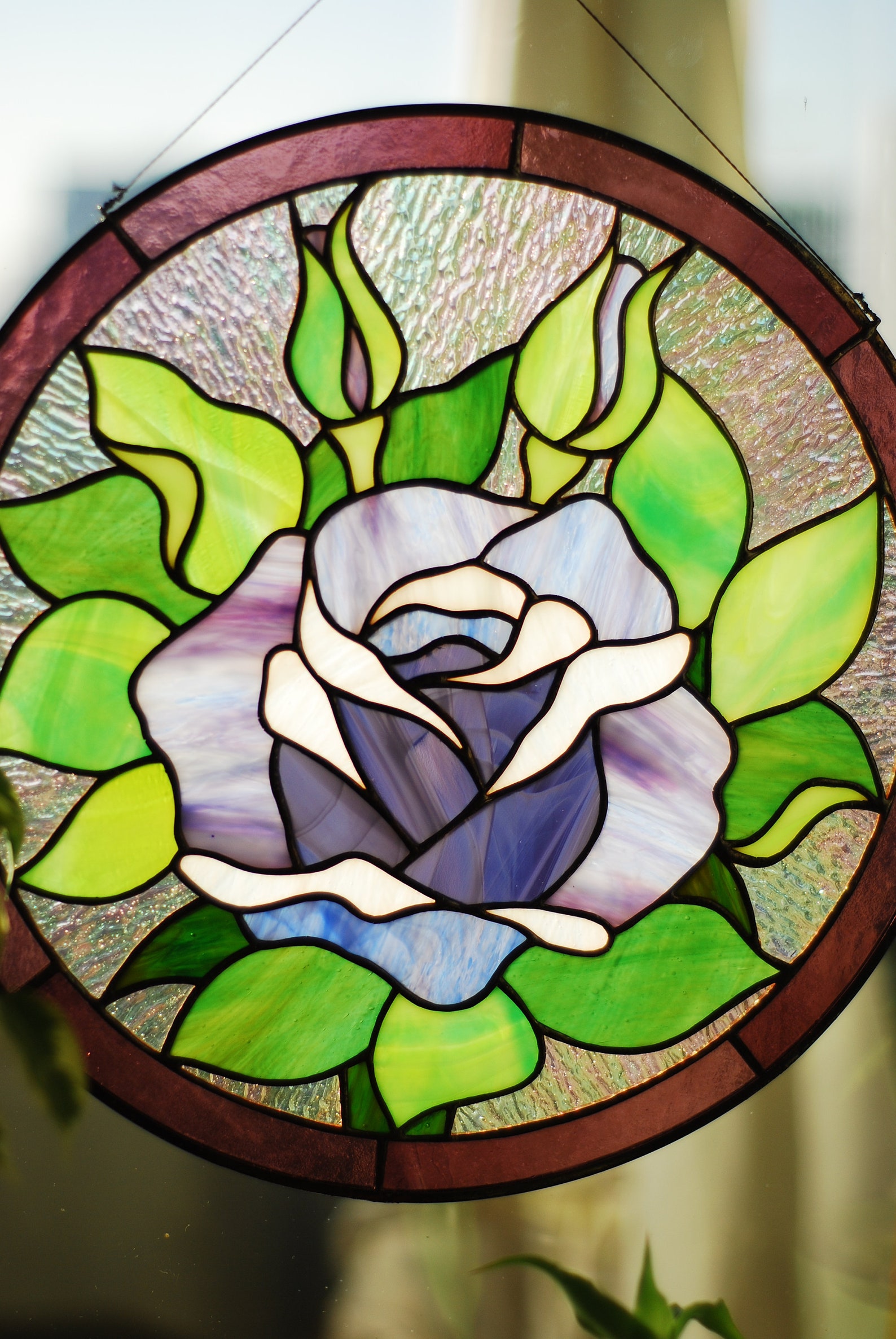 Purple Roses Stained Glass Panel Round Stained Glass Window Etsy