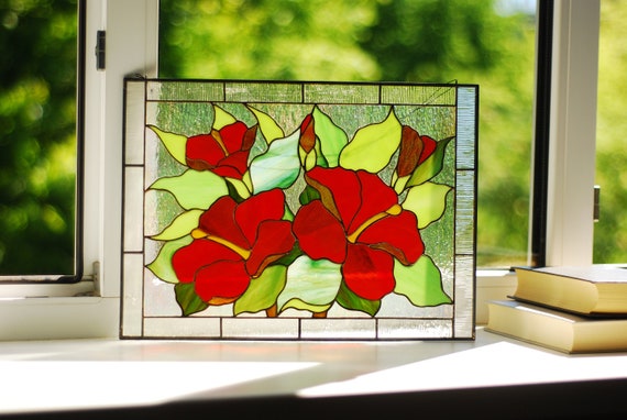 Red Hibiscus Stained Glass Panel - Floral Window Hangings, Custom