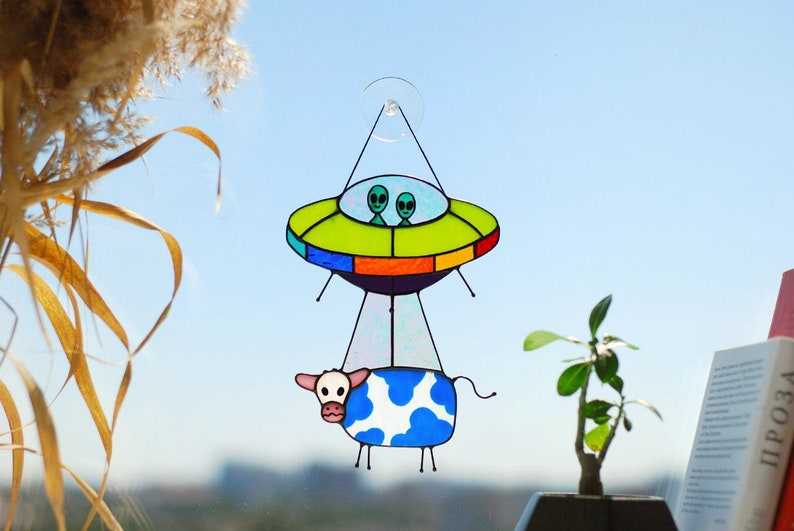 Stained glass UFO Abduction a cow Stained glass window hangings Stained glass suncatchers Stained glass decor Funny gift Form Ukraine image 1