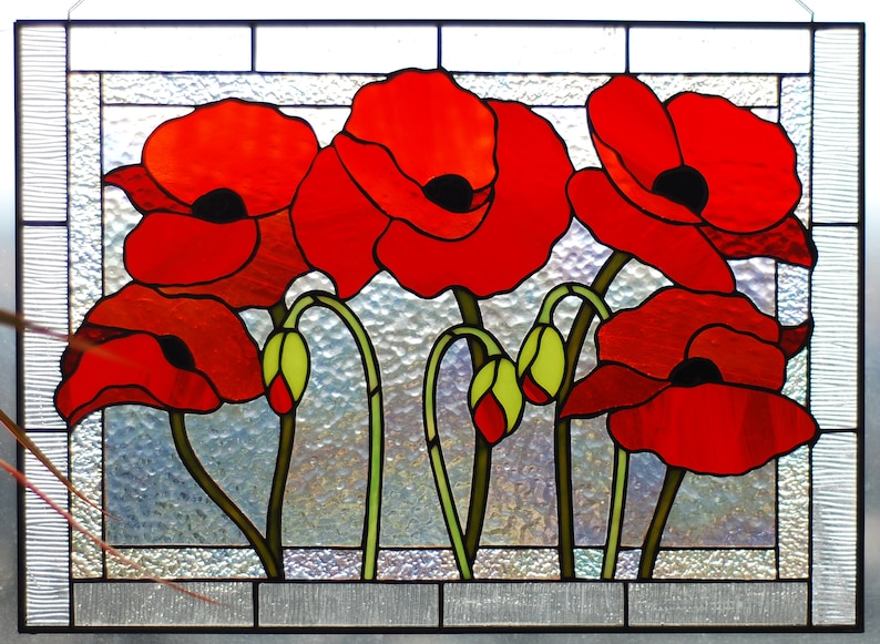 Stained Glass Panel Poppies Stained Glass Window Hanging Red Etsy