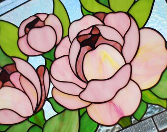 ピンクの牡丹のステンドグラスパネル、手作りの花柄窓掛け 11.5x15.5