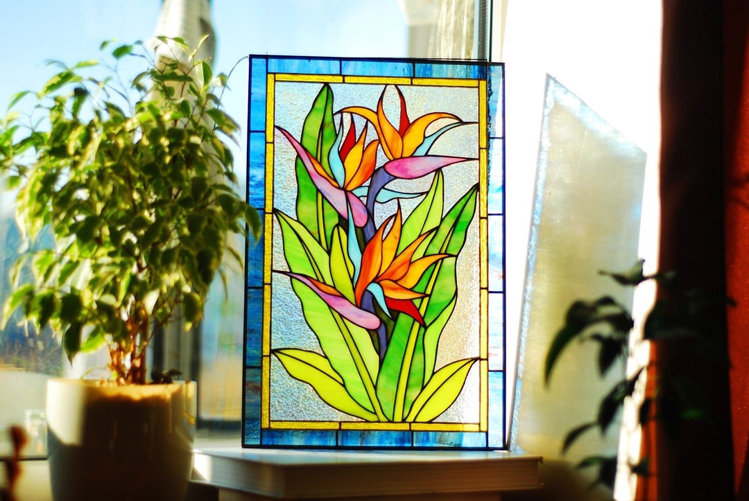 Stained Glass Bird of Paradise, Handmade Window Hanging 11"x16.5 ...