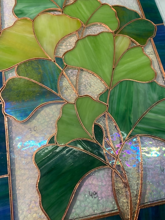 Stained Glass Ginkgo Biloba Panel 10x16 inch. Botanical Window