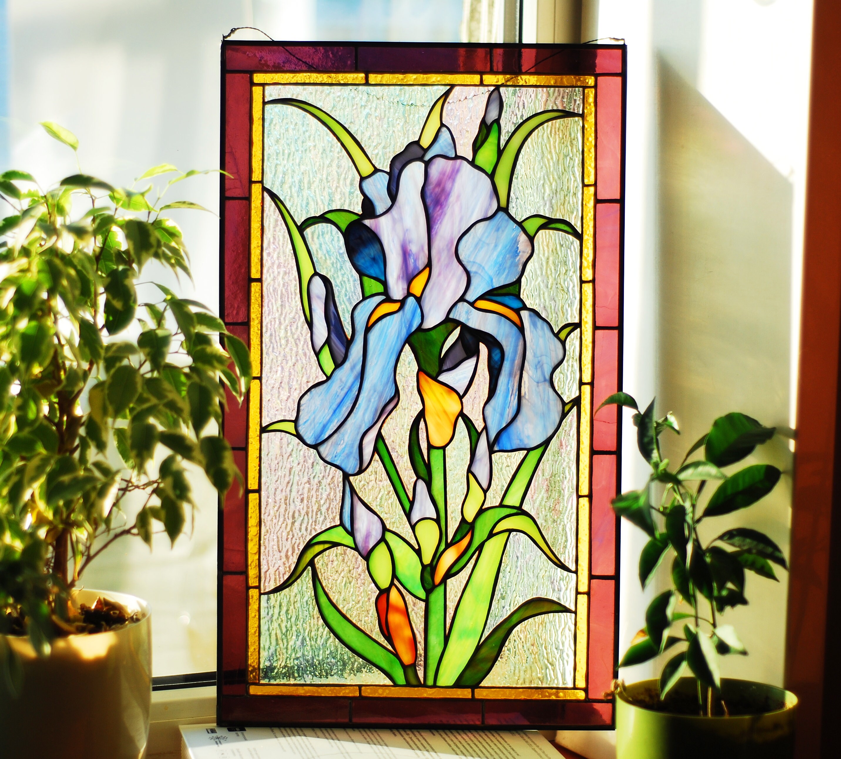 Purple iris Stained glass window panel Stained glass window Etsy