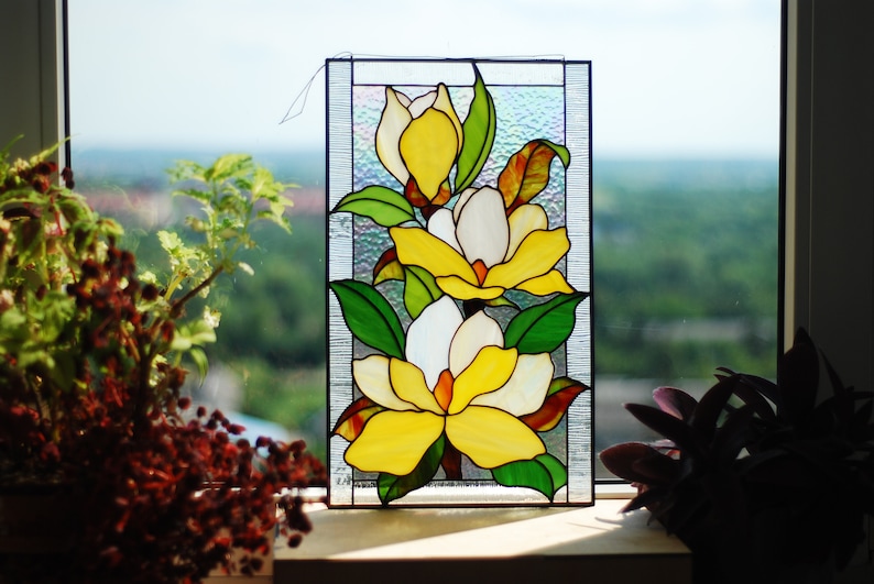 Yellow magnolia stained glass panel Mothers day gifts Custom stained glass panel Yellow flowers window hangings Stained glass suncatchers image 8