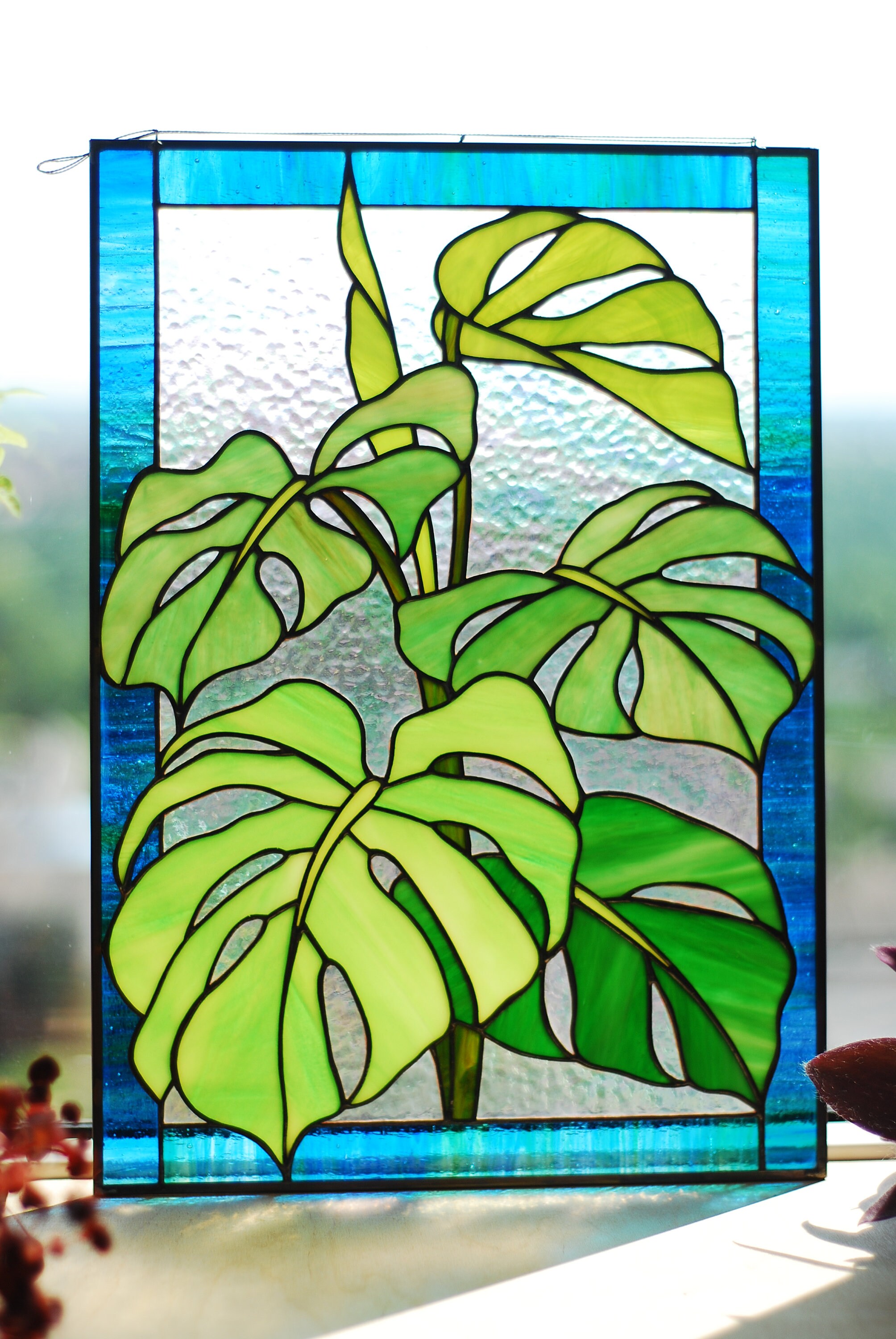 Stained Glass Window Panel Monstera Leaves Custom Window Hangings